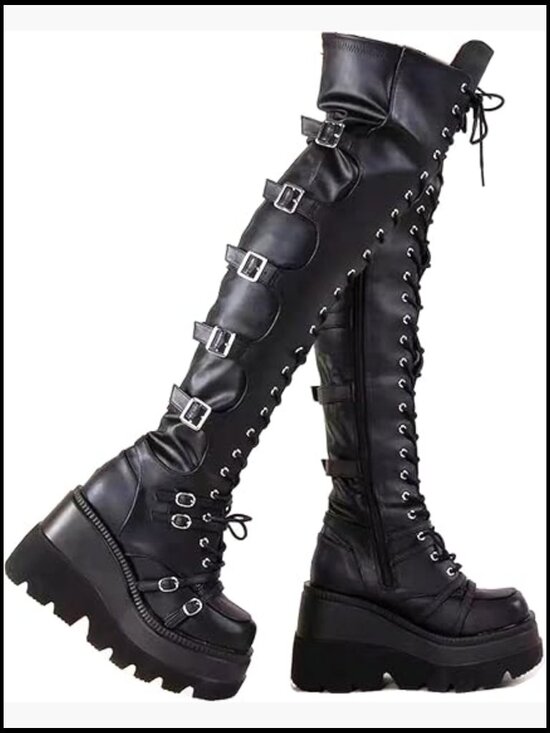 Shoes - Over Knee Platform Boots Chunky Heel Lace Up Goth Motorcycle Boots with Side
